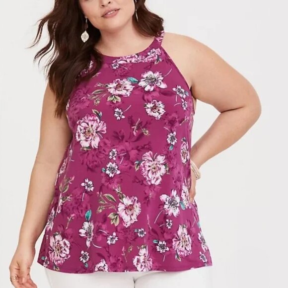 torrid Tops - Torrid - Studio Knit - High Neck Keyhole Back Floral Tank Fuschia